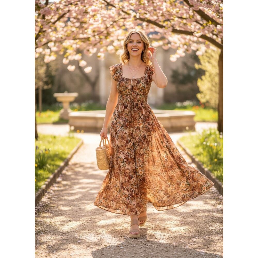 En Saison Ruffle‑Sleeve Maxi Dress – Neutral Rayon Blend, Size Medium